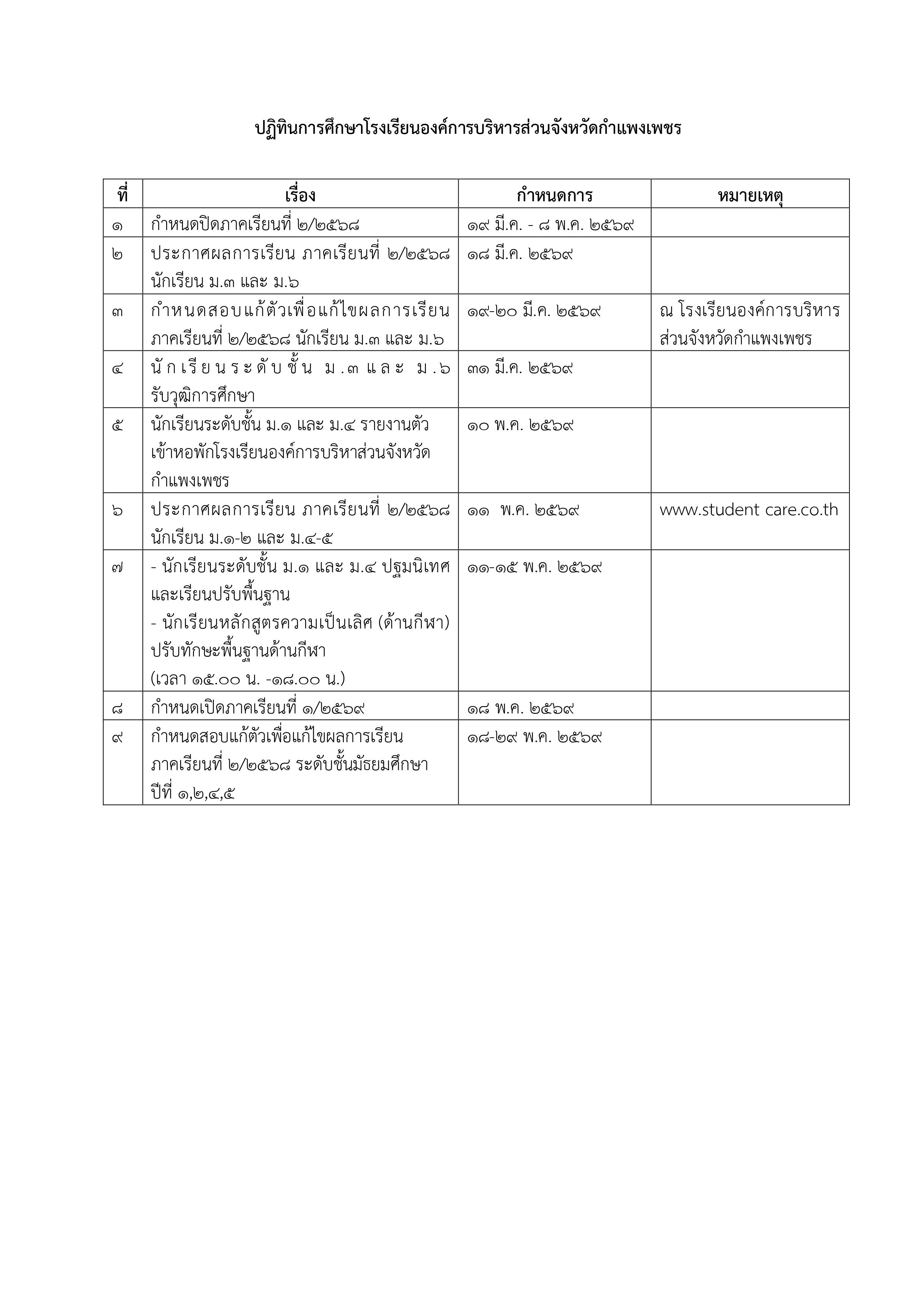 การปิด เปิดภาคเรียน ประจำปีการศึกษา 2569